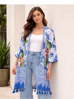 NWT Chico’s Floral Birds of Paradise Kimono Cover-Up Duster with Tropical Print